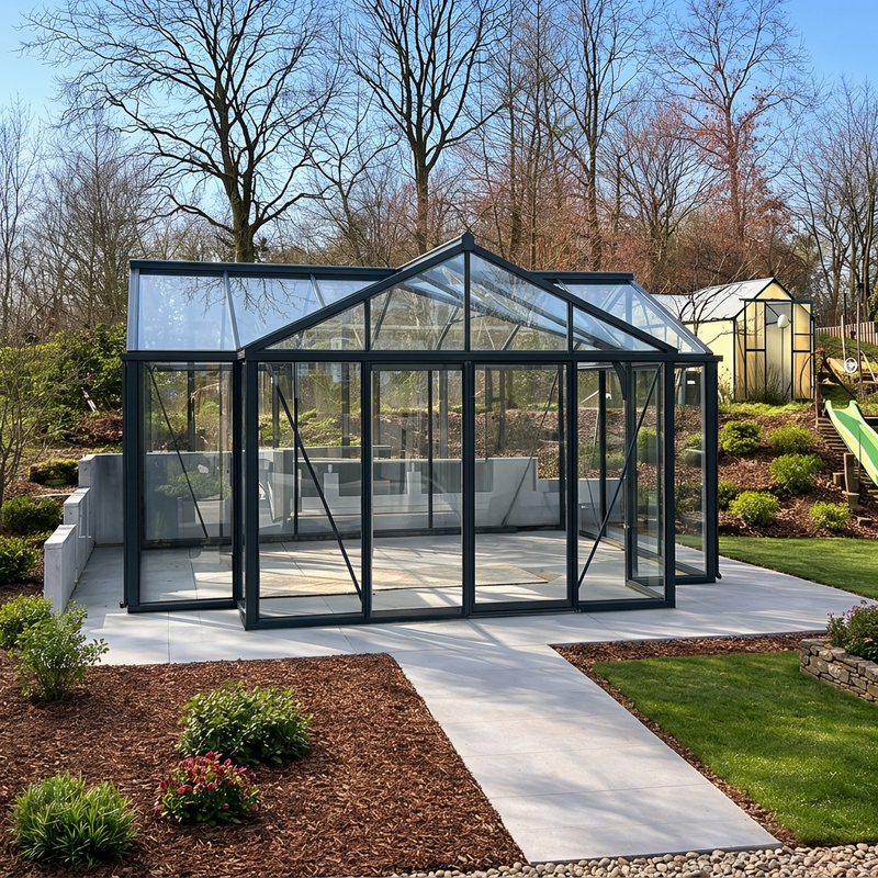 Serre L'Atelier en verre trempé dans un jardin - MaSerreVerte